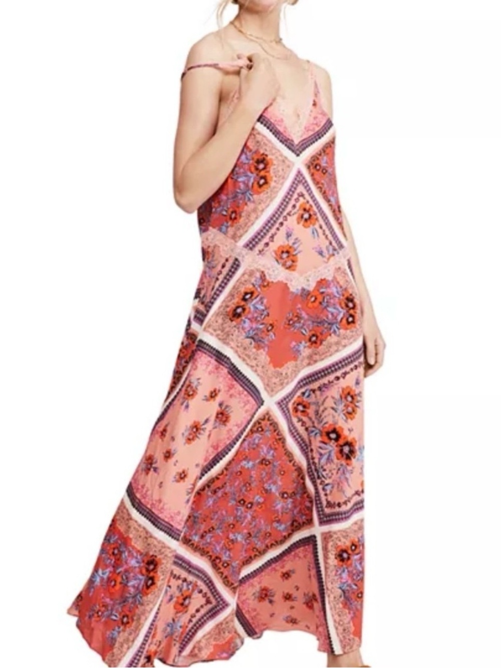 Free People Coral Pink Patchwork Floral Maxi Slip Dress